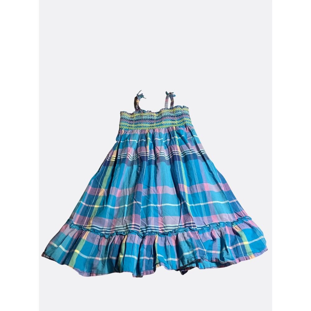 Plaid Smocked Sundress BlueTeal Multicolor Cotton Shirred Bodice Ruffle Hem sz 5 - Picture 2 of 9